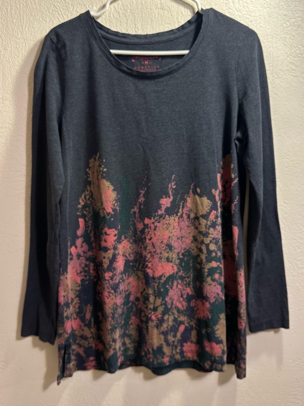Peruvian Connection Dark Gray Long Sleeve Top with Pink & Tan Floral Accent